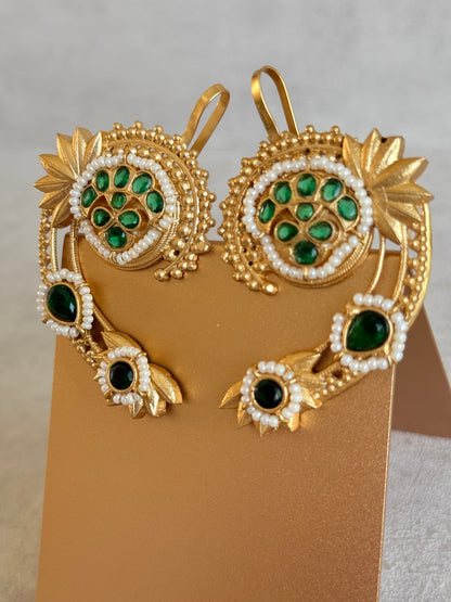 Ayura Designs Raatani Ear Climbers – Emerald Green Ear Climbers with Pearl Detailing & Floral Cutwork Design