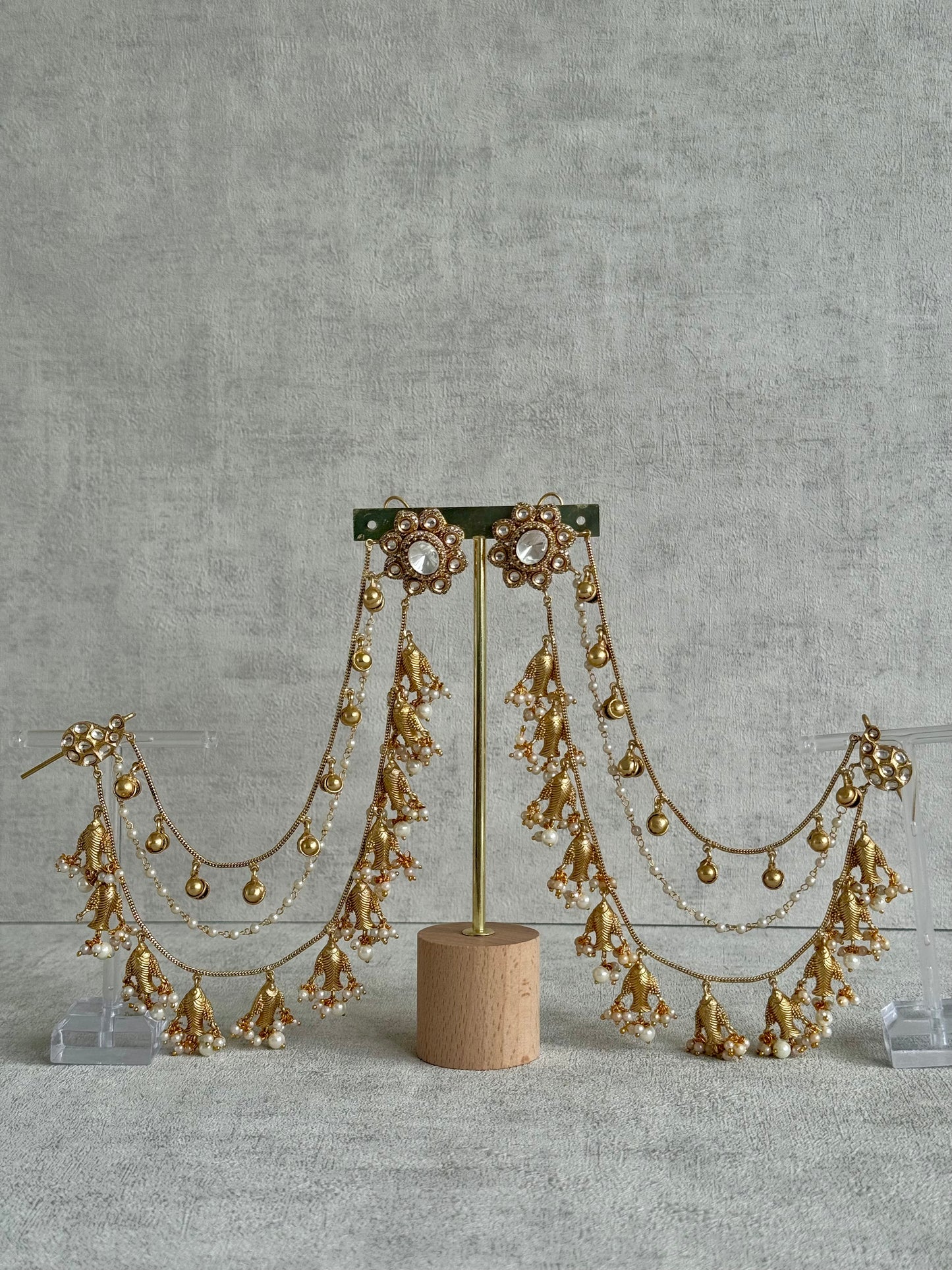 Ayura Designs Kohsar Earrings with Sahare – Mirror-Cut Studs, Fish Motifs & Pearl Detailing in Antique Gold