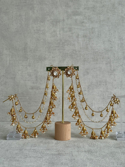 Ayura Designs Kohsar Earrings with Sahare – Mirror-Cut Studs, Fish Motifs & Pearl Detailing in Antique Gold