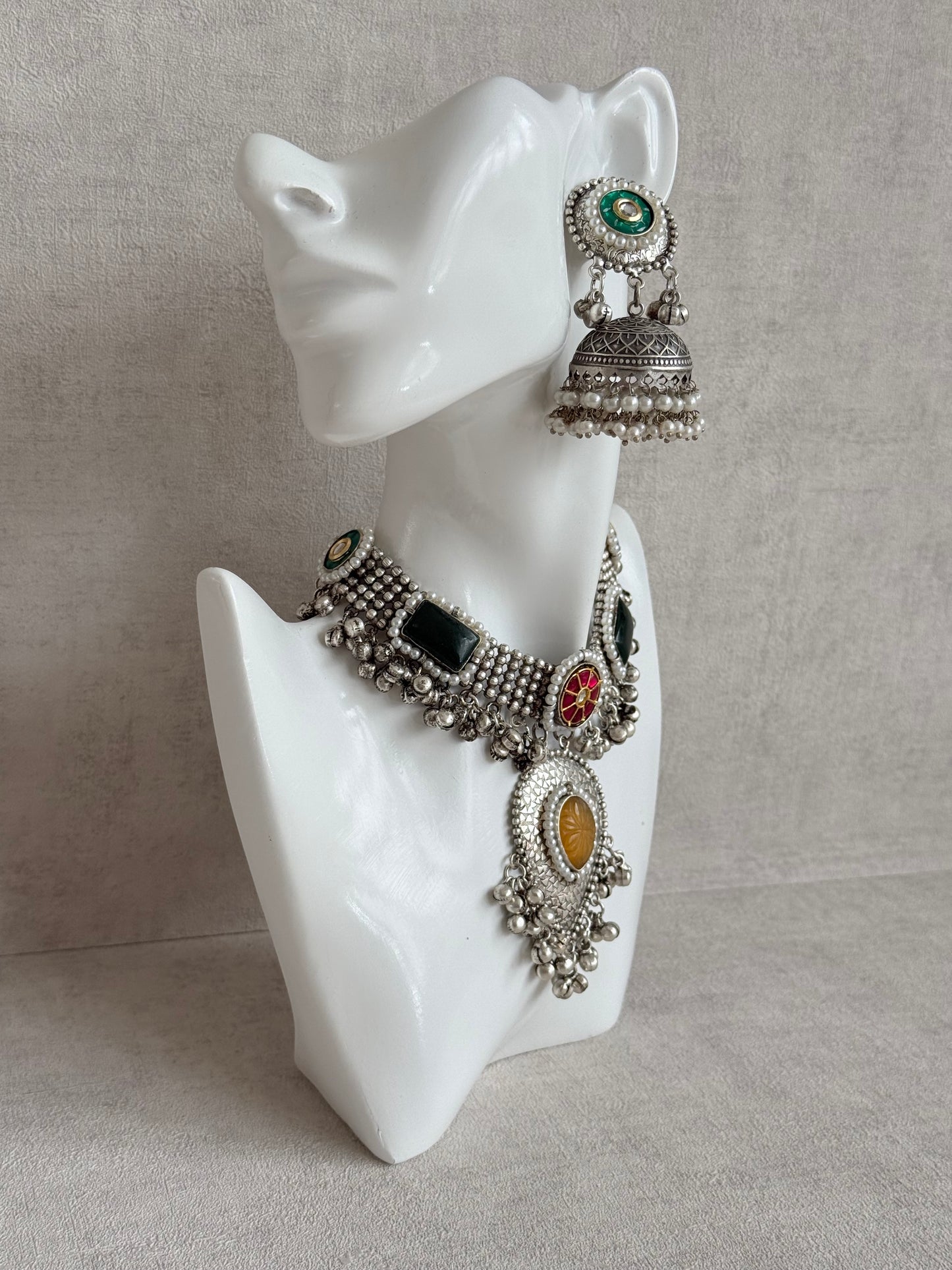Ayura Designs Izel Necklace Set with Jhumkis – Oxidised Silver Statement Necklace with Multicolour Stones & Ghungroo Detailing