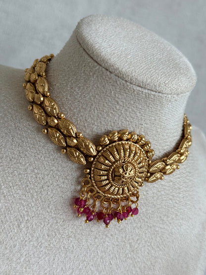 Ayura Designs Rania Choker Set with Studs – Antique Gold Floral Medallion Choker with Ruby Pink Bead Detailing