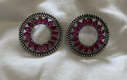 Ayura Designs Kesar Studs – Statement Oxidised Stud Earrings with Fuchsia Pink Stones