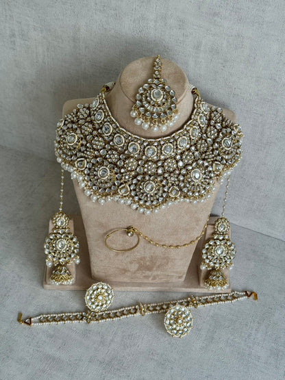 Ayura Designs Meherbano Bridal Set with Necklace, Jhumkis, Tikka, Nath, Ring & Sheeshphool – Mirror-Cut Stones with Pearl Detailing