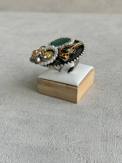 Ayura Designs Mihika Adjustable Ring – Oxidised Statement Ring with Green Stone, Pearl Detailing & Parrot Motif