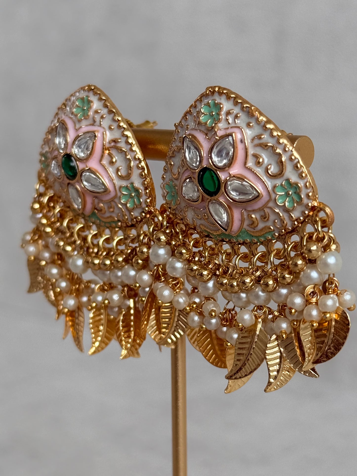 Ayura Designs Rozina Earrings – Floral Meenakari Earrings with Emerald Green Centre Stone, Pearl Clusters & Gold Leaf Charms