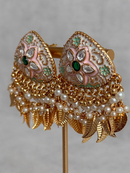 Ayura Designs Rozina Earrings – Floral Meenakari Earrings with Emerald Green Centre Stone, Pearl Clusters & Gold Leaf Charms