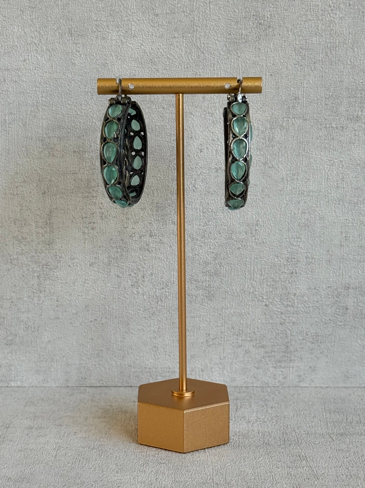 Ayura Designs Nureh Earrings – Dual Tone Floral Hoop Earrings with Mint Green Stones & Cutwork Detailing