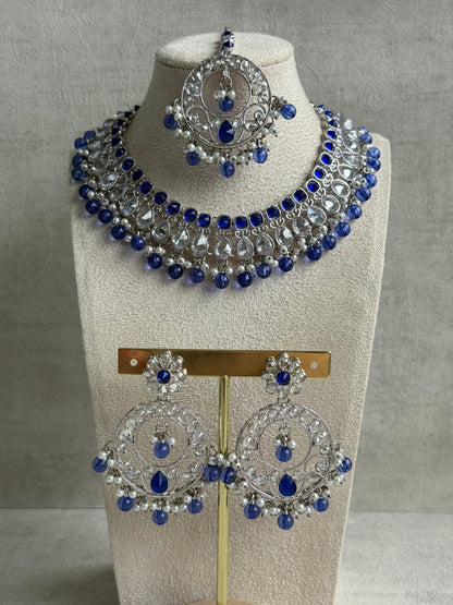 Ayura Designs Rija Set – Necklace, Earrings & Tikka with Ink Blue Beads, Mirror-Cut Stones & Silver Finish