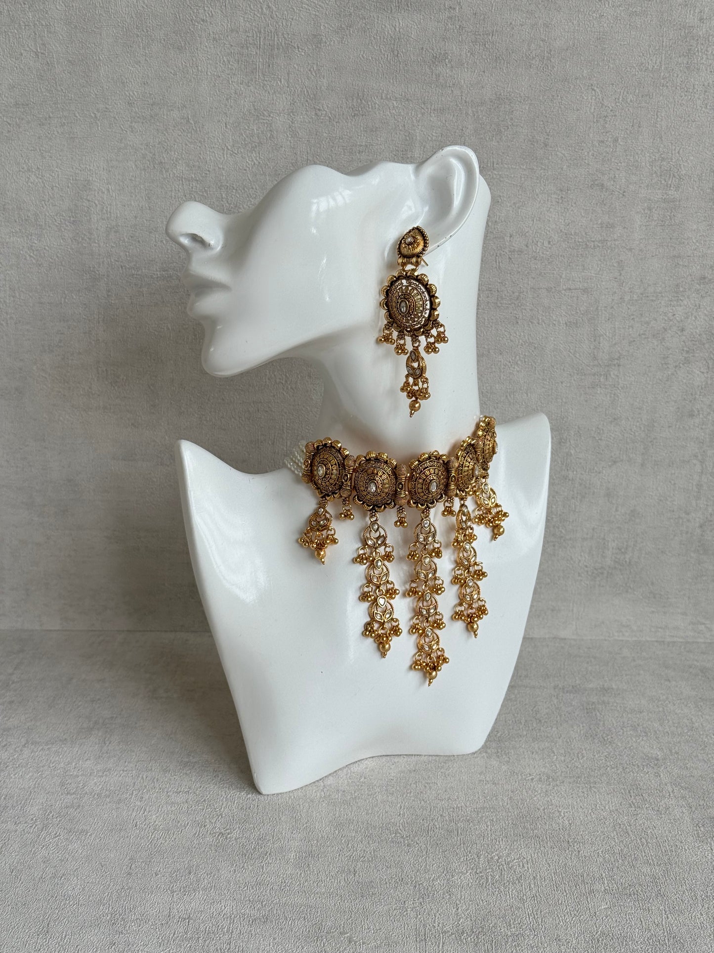 Ayura Designs Kabini Choker Set with Earrings – Gold Kundan Waterfall Choker with Ivory Pearls
