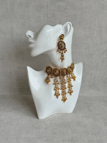 Ayura Designs Kabini Choker Set with Earrings – Gold Kundan Waterfall Choker with Ivory Pearls