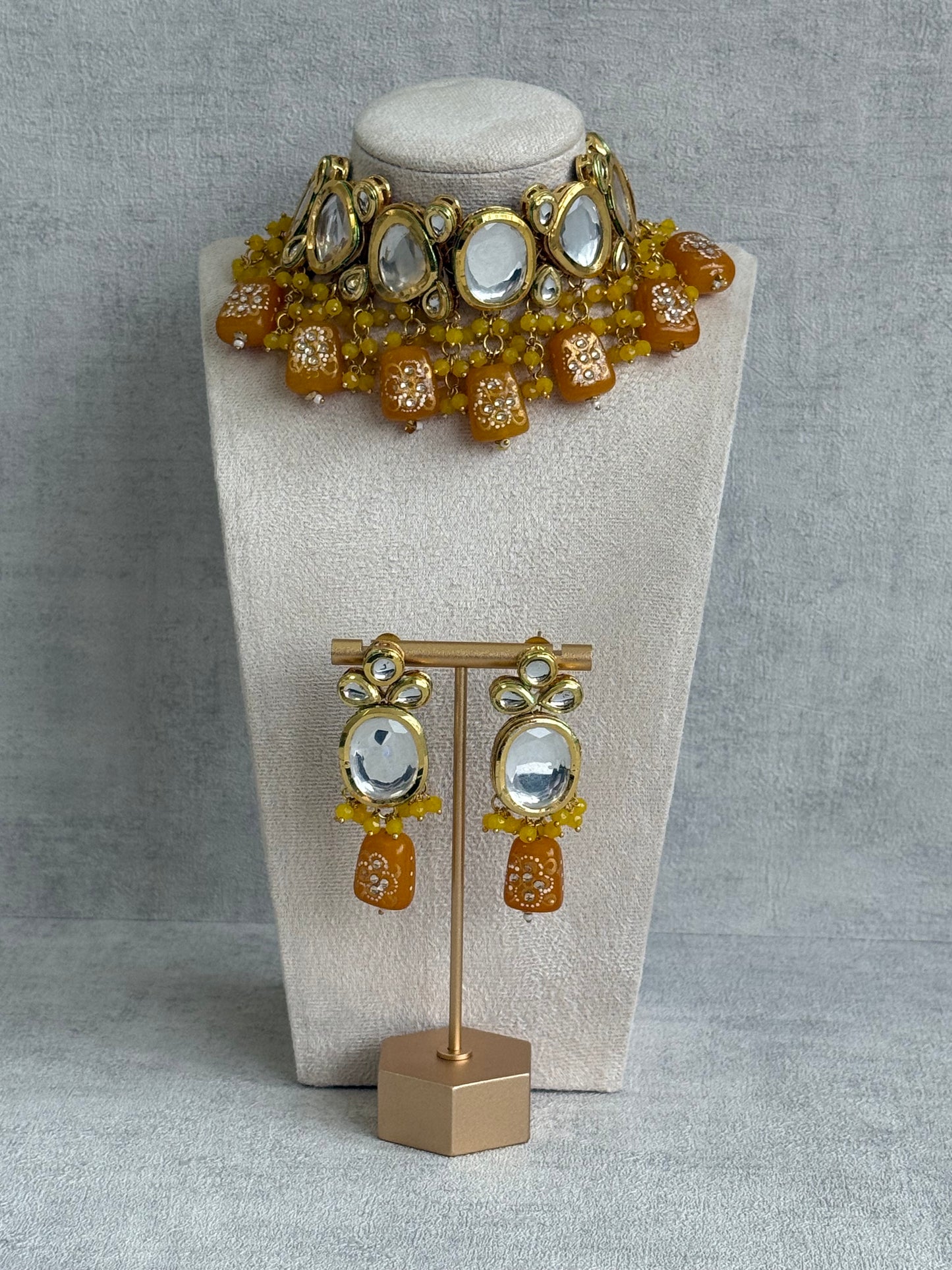 Ayura Designs Gyan Set With Choker And Earrings – Kundan Stones And Mustard Yellow Meenakari Drops