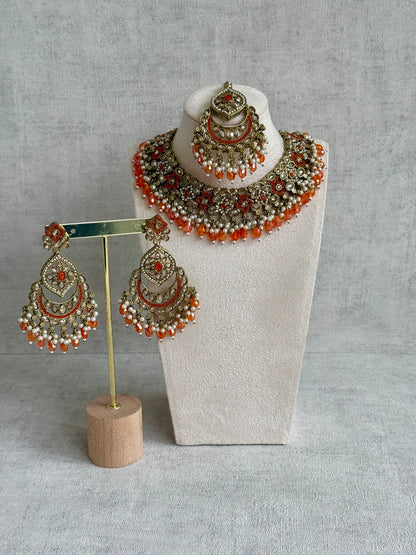 Ayura Designs Jazba Set with Necklace, Jhumkis & Tikka – Antique Gold, Mirror-Cut Stones, Pearl Detailing & Fiery Orange Beads