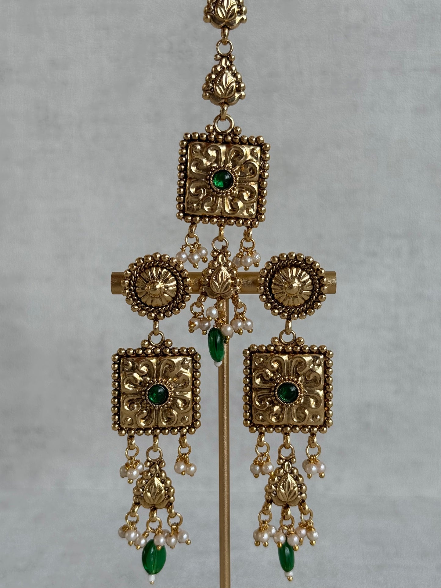 Ayura Designs Nimrah Choker Set with Earrings & Tikka – Emerald Green Gold Tone Waterfall Jewellery Set