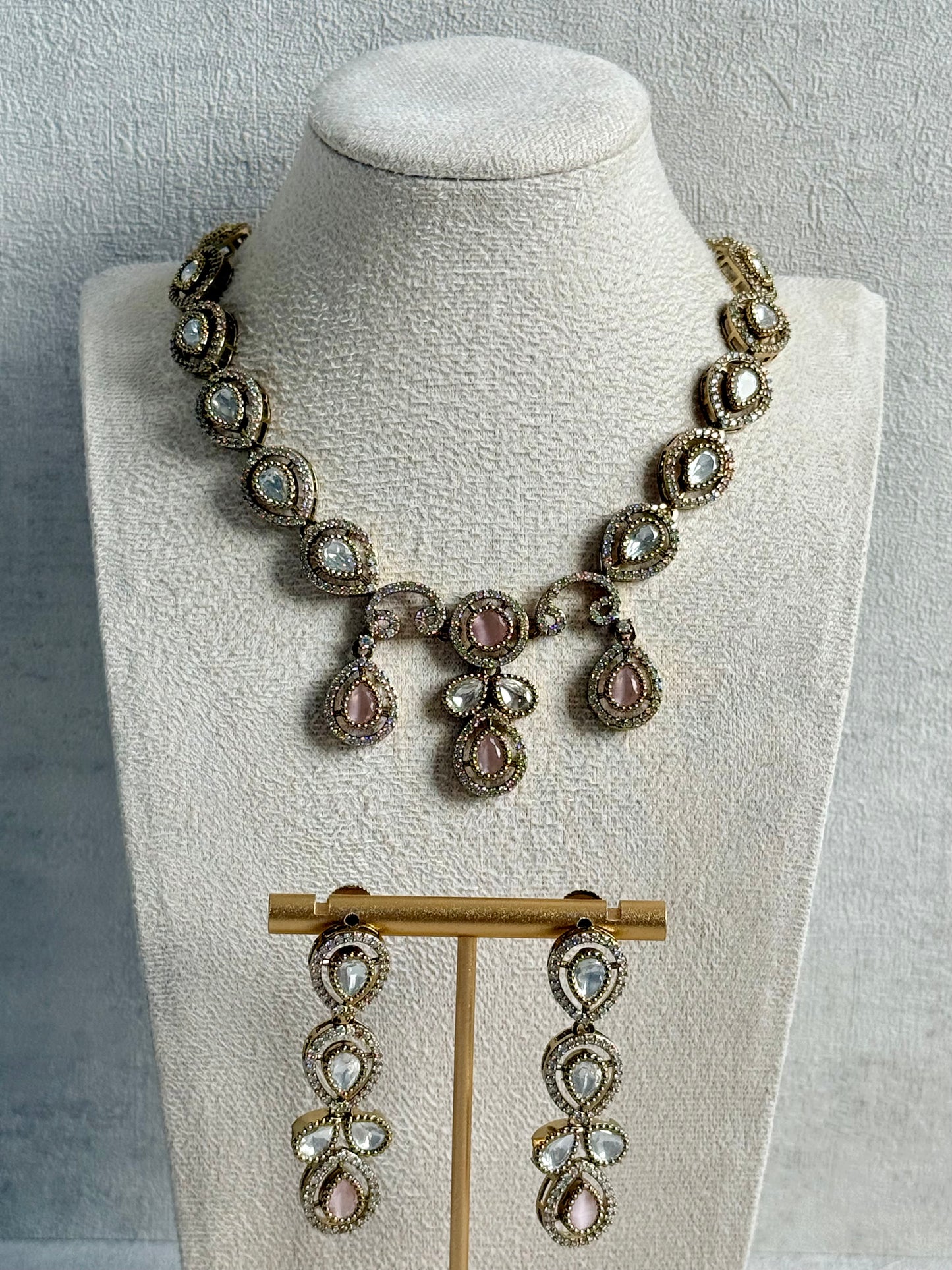 Ayura Designs Bianca Necklace Set with Earrings – Kundan, Blush Pink Stones, Crystals & Gold Finish