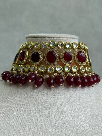 Ayura Designs Ishi Set With Choker, Earrings & Tikka – Kundan Stones With Deep Maroon Beads