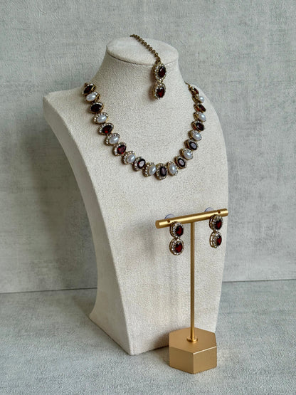 Ayura Designs Eira Set – Necklace, Earrings & Tikka with Ruby Red & Ivory Oval Stones in Antique Gold