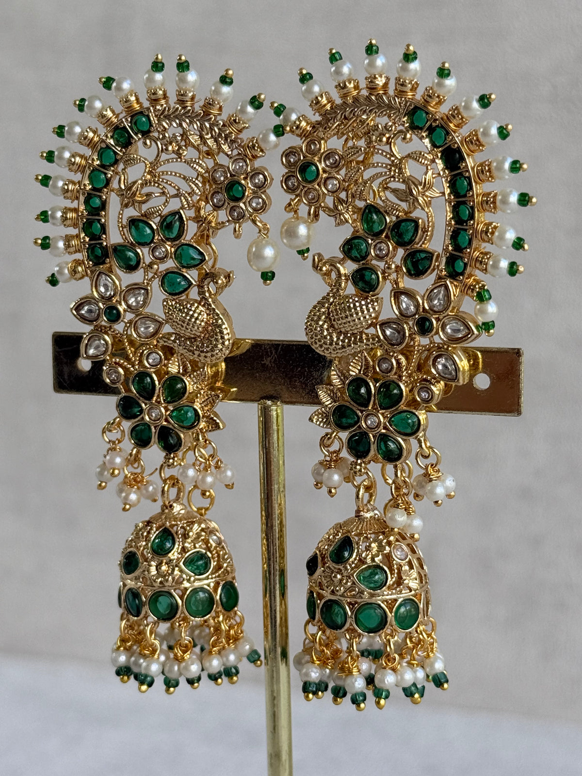 Ayura Designs Nitya Kaanphool Jhumkis – Gold Peacock Motifs, Emerald Green Kundan & Pearl Drops with Attached Sahare