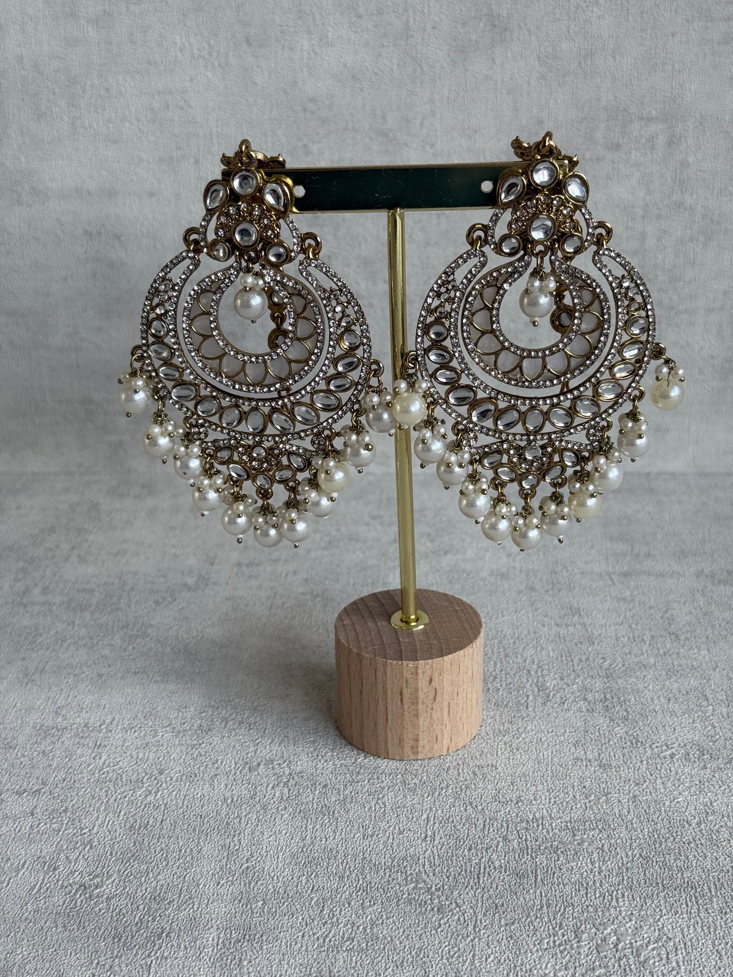 Ayura Designs Rabia Chandbalis – Antique Gold Kundan Earrings with Ivory Pearls & Attached Sahare