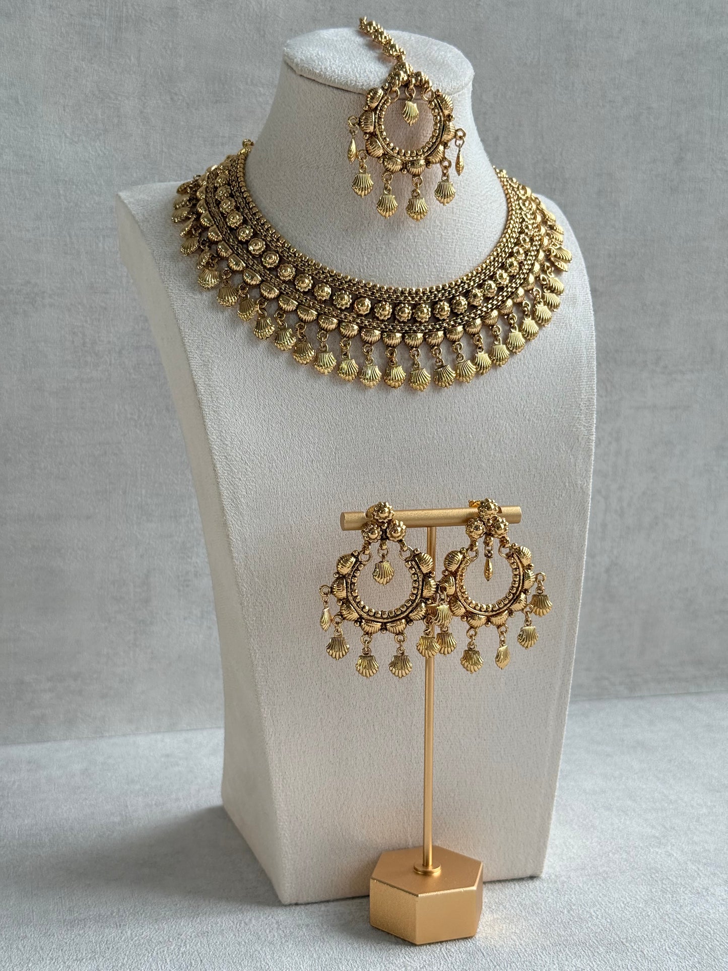 Ayura Designs Falaq Necklace Set with Earrings & Tikka – Gold Finish with Layered Chain, Floral & Shell Drop Detailing
