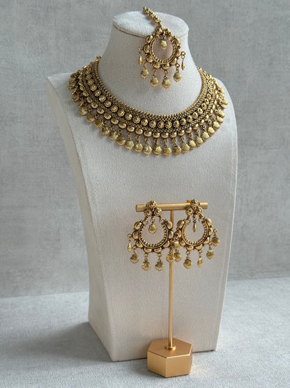 Ayura Designs Falaq Necklace Set with Earrings & Tikka – Gold Finish with Layered Chain, Floral & Shell Drop Detailing