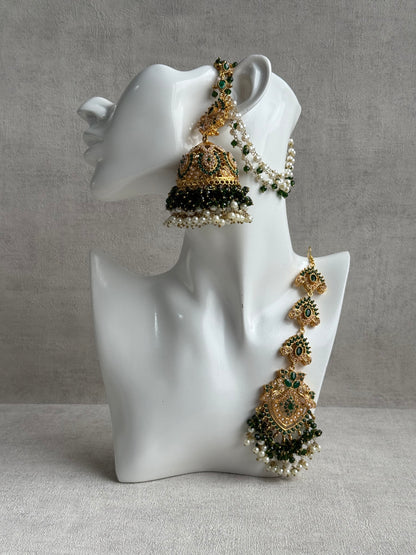 Ayura Designs Safia Tikka Set with Sahare Earrings – Emerald Green Beads & Champagne Crystals