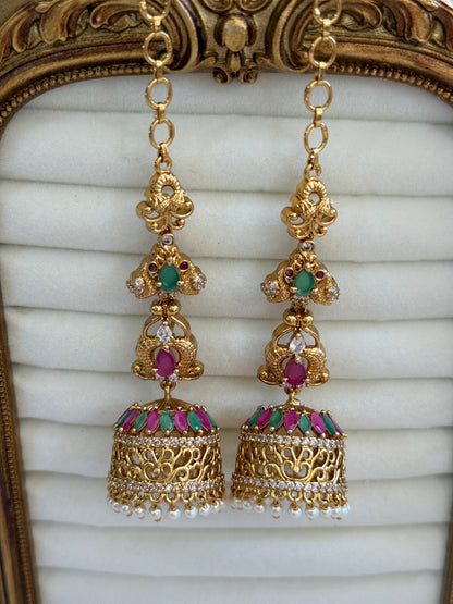 Ayura Designs Alar Jhumkis – Ear Climber in Antique Gold with Emerald & Pink Stones and Pearl Drops