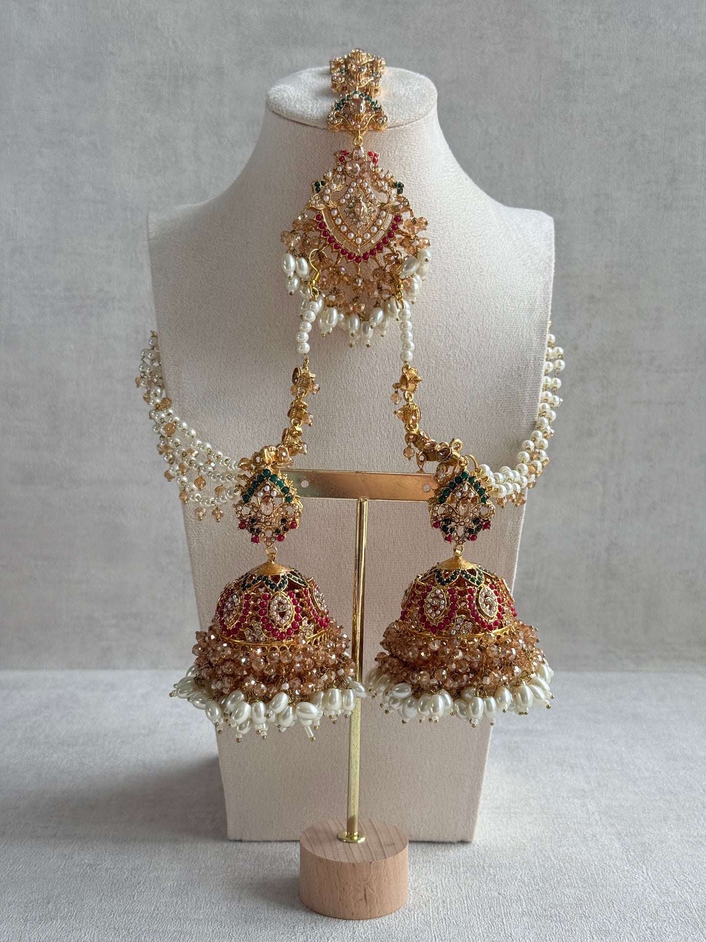 Ayura Designs Safia Tikka Set with Sahare Earrings – Champagne Crystals with Ruby & Emerald