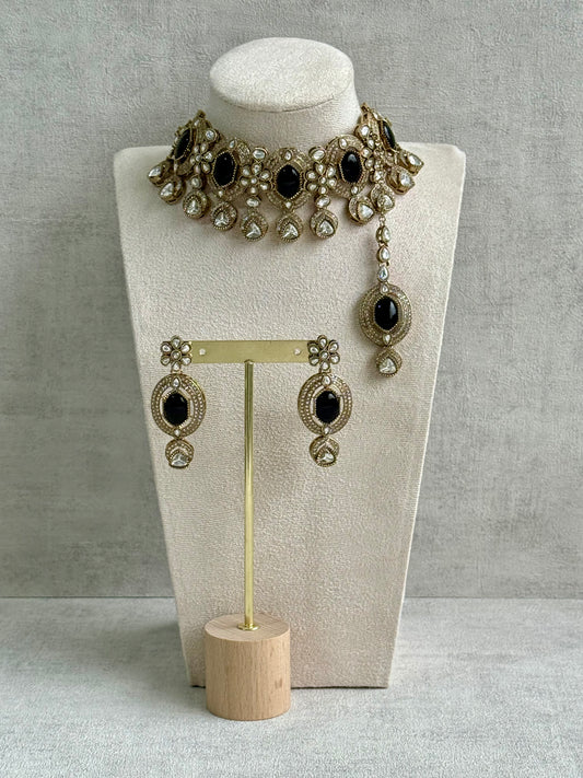 Ayura Designs Emanya Choker Set – Choker, Earrings & Tikka with Mirror-Cut Stones, Midnight Black & Antique Gold Detailing