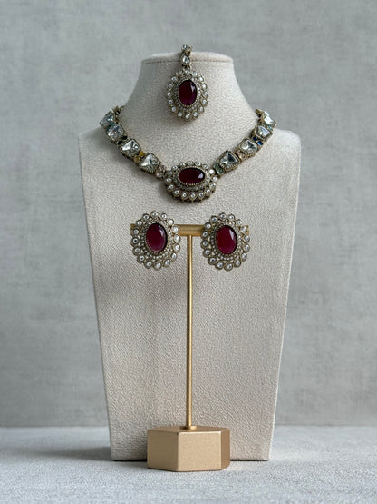 Ayura Designs Inza Necklace Set – Rani Pink, Multicolour Stones, Kundan & Crystals with Antique Gold Finish