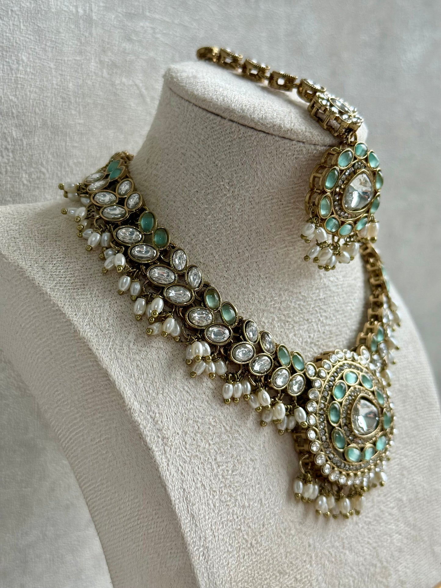 Ayura Designs Warda Set with Earrings & Tikka – Pistachio Green Ovals, Mirror-Cut Stones & Ivory Pearls