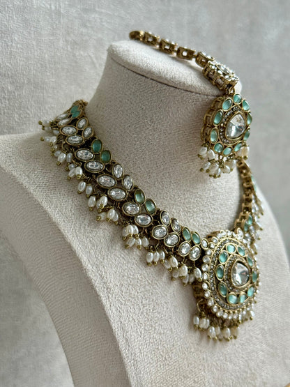 Ayura Designs Warda Set with Earrings & Tikka – Pistachio Green Ovals, Mirror-Cut Stones & Ivory Pearls