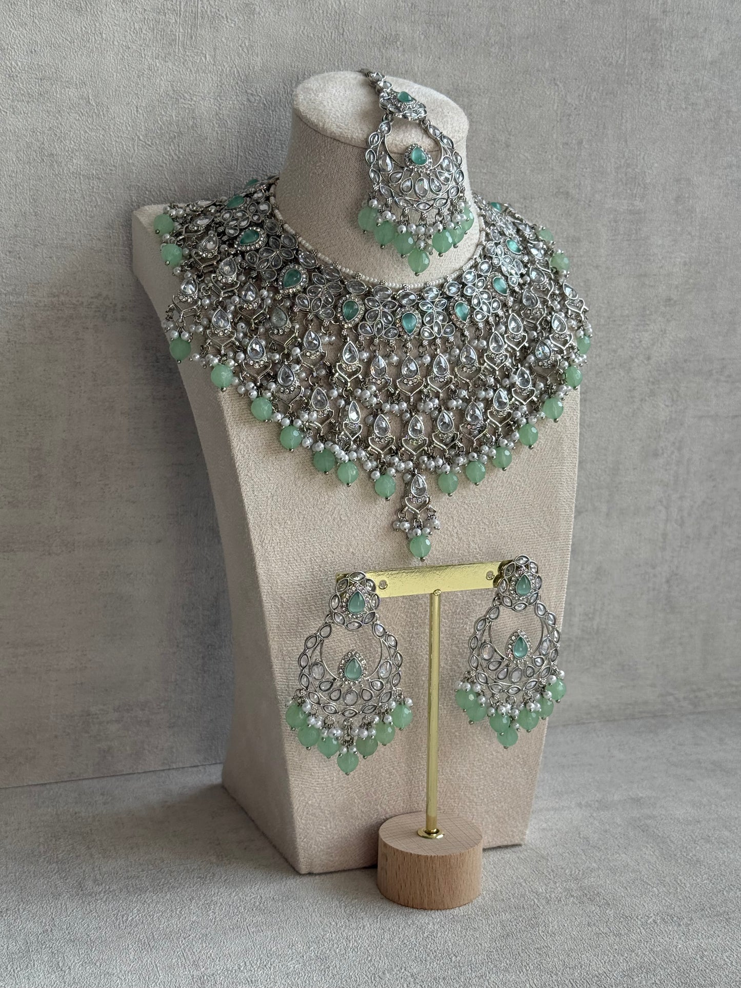 Ayura Designs Eknoor Set – Necklace, Tikka & Earrings with Pistachio Green Beads, Pearls and Silver Finish