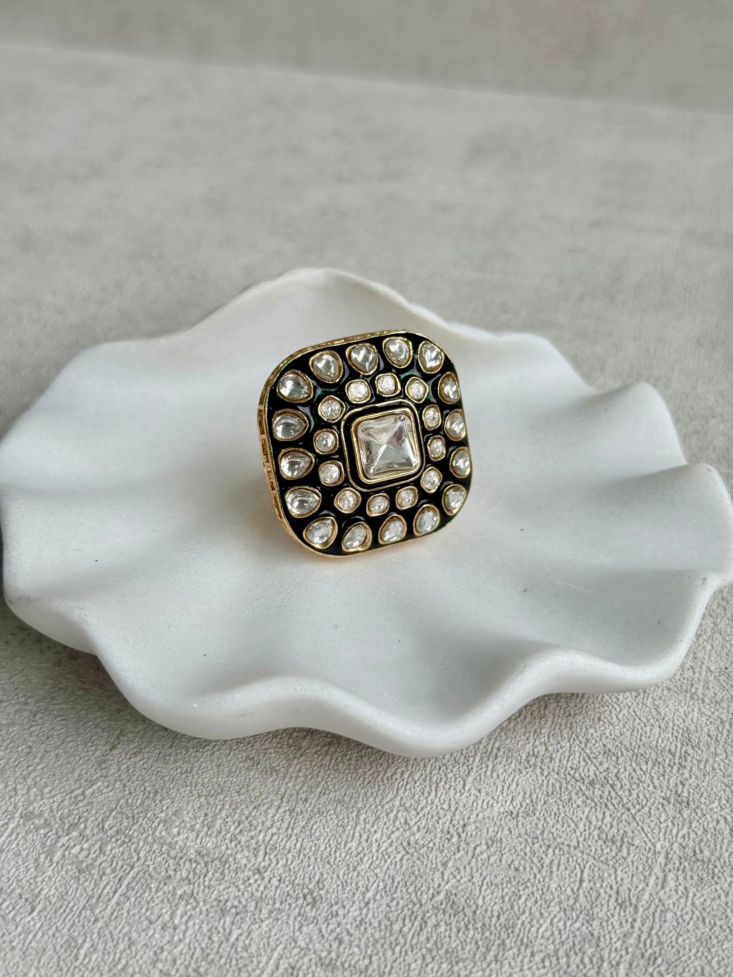 Ayura Designs Arzoo Adjustable Ring – Mirror-Cut Stone Centre with Green Enamel & Crystal Detailing