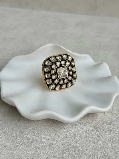 Ayura Designs Arzoo Adjustable Ring – Mirror-Cut Stone Centre with Green Enamel & Crystal Detailing