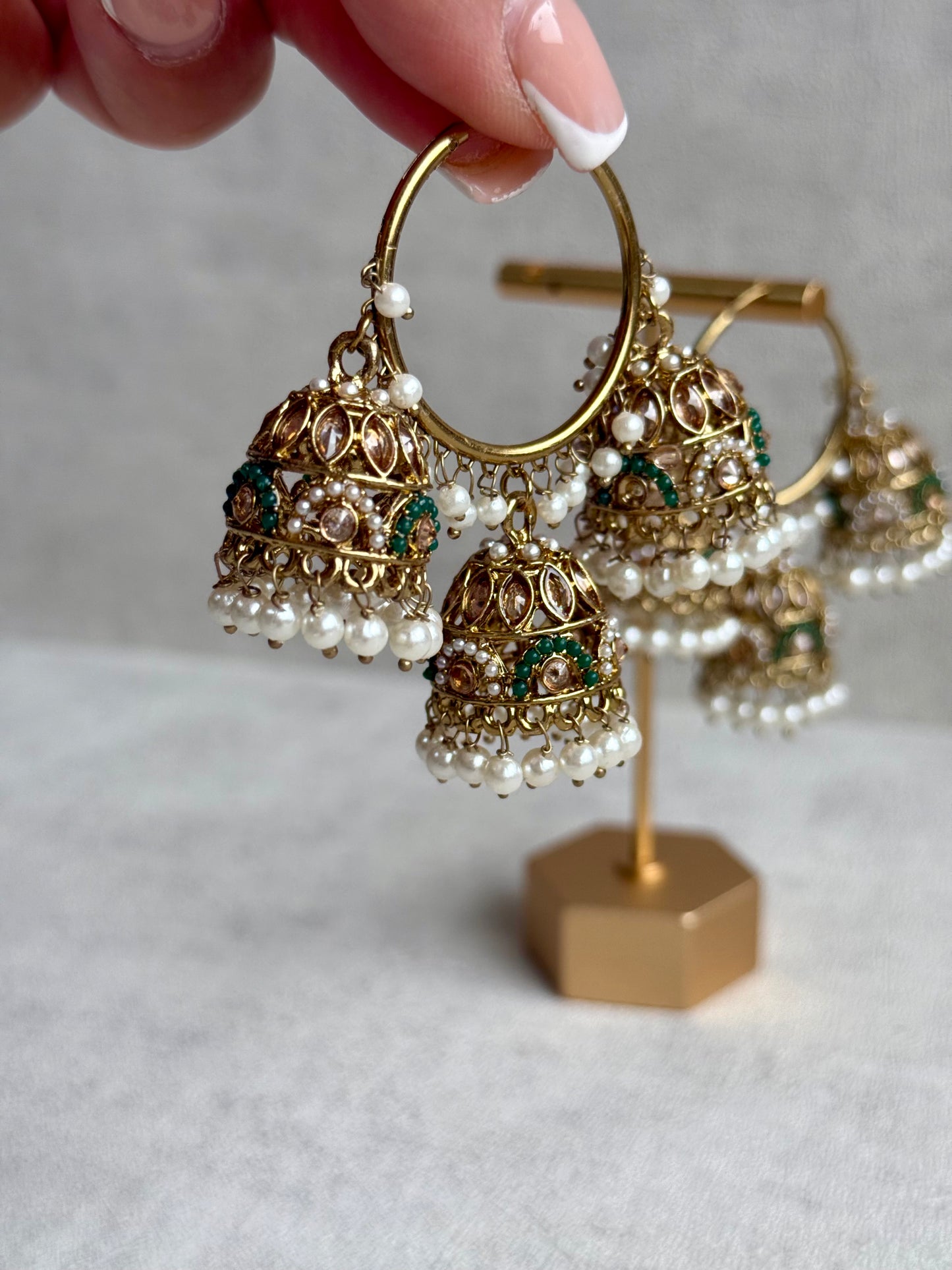 Ayura Designs Nakhra Balis – Emerald Triple Dome Earrings with Mirror-Cut Stones & Pearl Detailing