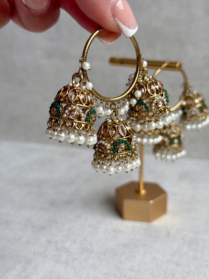 Ayura Designs Nakhra Balis – Emerald Triple Dome Earrings with Mirror-Cut Stones & Pearl Detailing