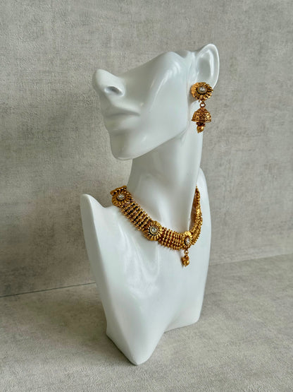 Ayura Designs Arisa Choker Set with Jhumkis – Antique Gold Floral Motifs with Ghungroo Drops