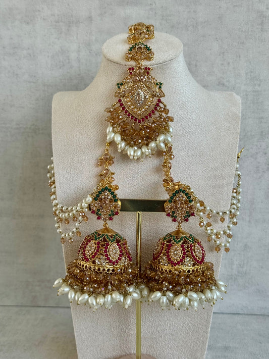 Ayura Designs Safia Tikka Set with Sahare Earrings – Champagne Crystals with Ruby & Emerald