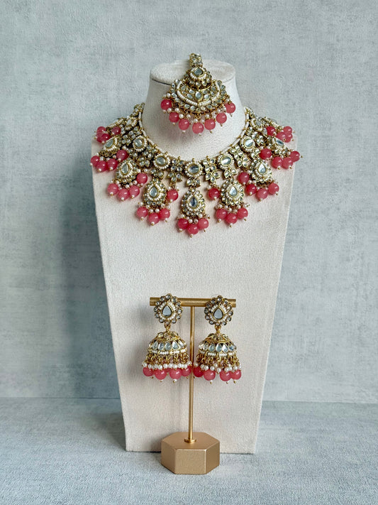 Ayura Designs Iyla Set with Necklace, Earrings & Tikka – Kundan Detailing, Ivory Pearl Drops & Peach Beads