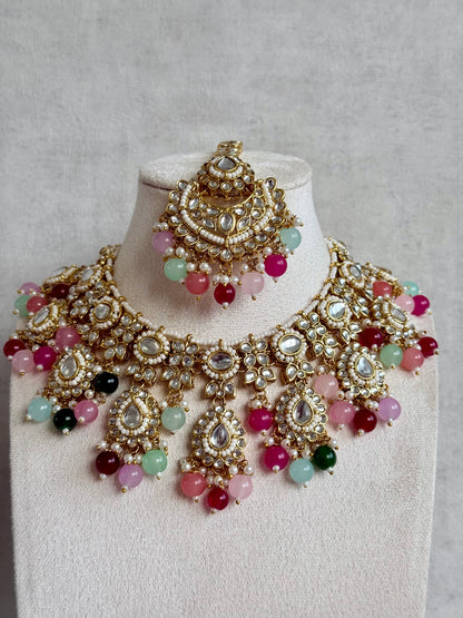 Ayura Designs Iyla Set with Necklace, Earrings & Tikka – Kundan Detailing, Ivory Pearl Drops & Multicolour Beads