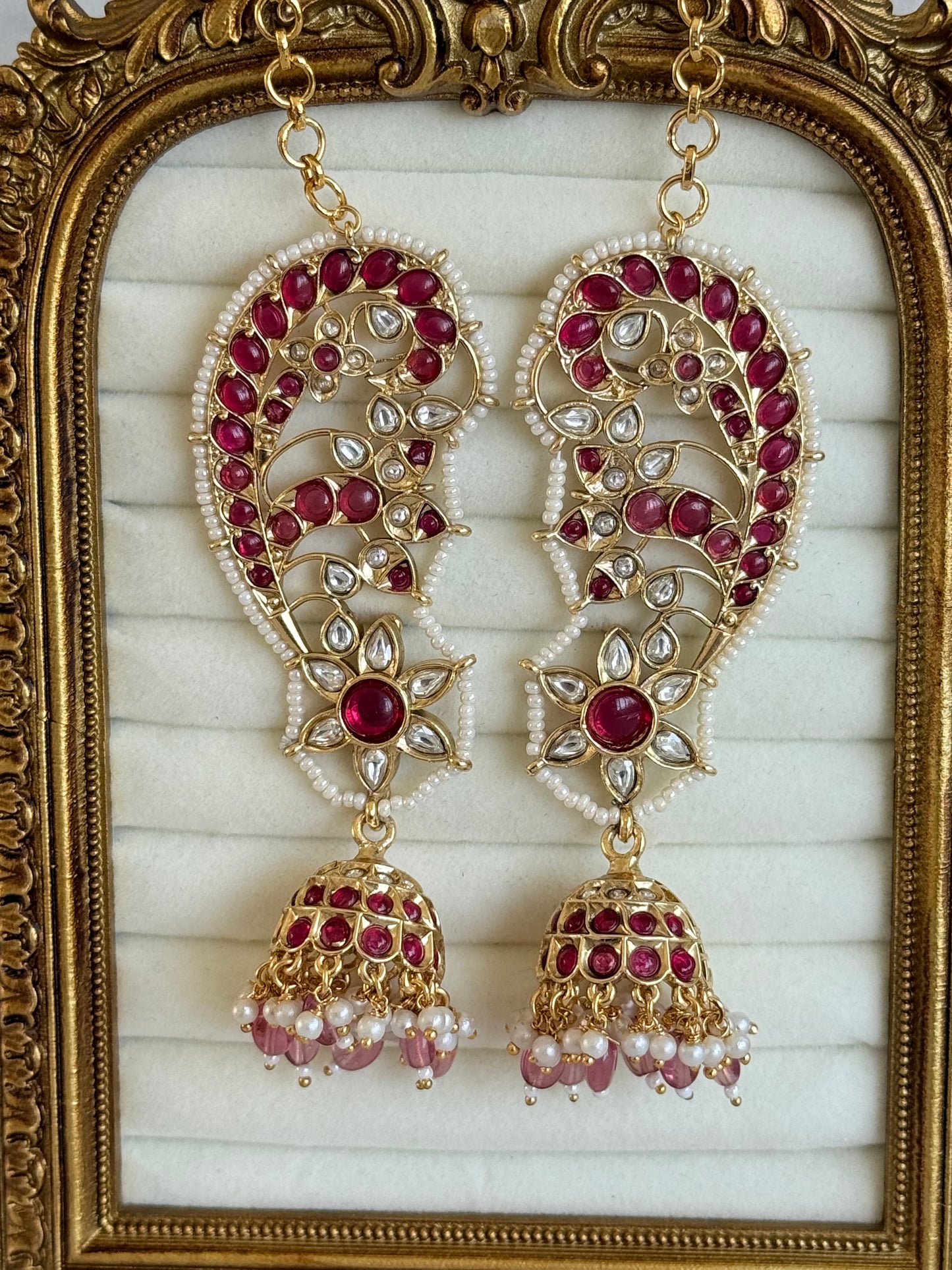 Ayura Designs Urisha Ear Climber Jhumkis – Ruby Pink, Kundan & Pearl Detailing