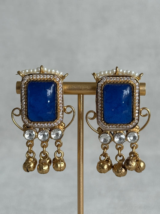 Ayura Designs Aleena Earrings – Sapphire Blue Stone Stud Earrings with Pearls & Ghungroo Detailing