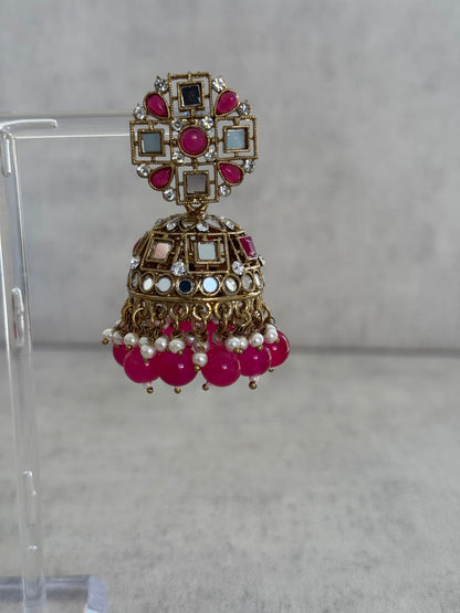 Ayura Designs Heer Tikka Set with Jhumkis – Pink, Mirror & Polki Stonework