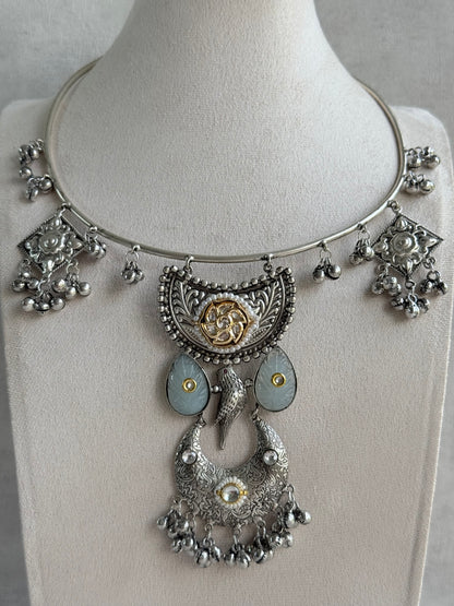 Ayura Designs Jiyana Collar Necklace Set – Dove Grey Carved Teardrop Stones & Oxidised Silver Finish