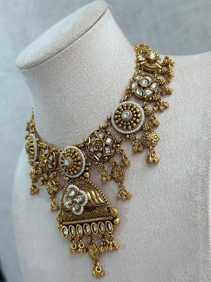 Ayura Designs Kriti Necklace Set with Earrings – Antique Gold Kundan Design with Ivory Pearls & Ghungroo Detailing