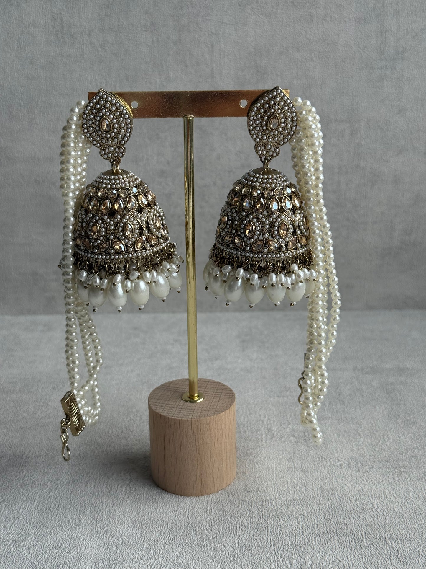 Ayura Designs Amrita Set – Jhumkis with Sahare & Tikka in Ivory Pearls and Antique Gold Finish