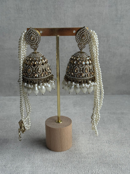 Ayura Designs Amrita Set – Jhumkis with Sahare & Tikka in Ivory Pearls and Antique Gold Finish