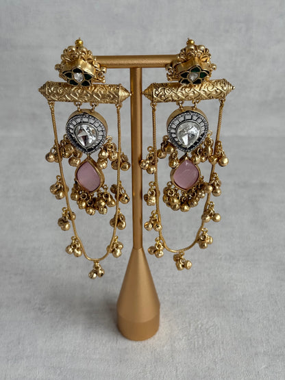 Ayura Designs Rouf Earrings – Kashmiri Earrings with Blush Pink Stone, Crystal Detailing & Ghungroo Accents