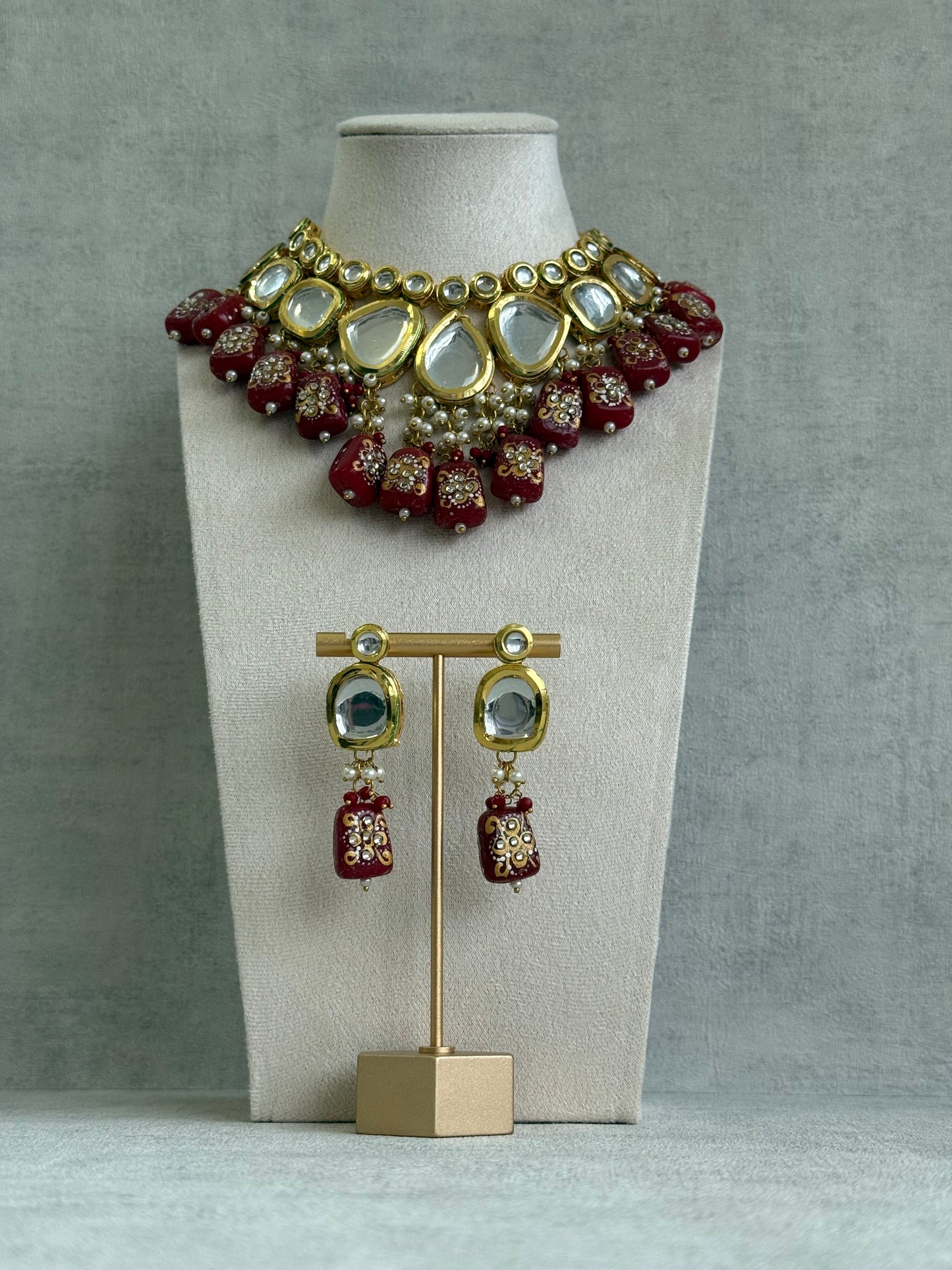 Ayura Designs Omika Set With Necklace And Earrings – Kundan Stones And Ruby Red Meenakari Drops