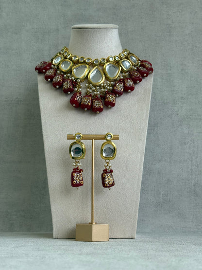 Ayura Designs Omika Set With Necklace And Earrings – Kundan Stones And Ruby Red Meenakari Drops